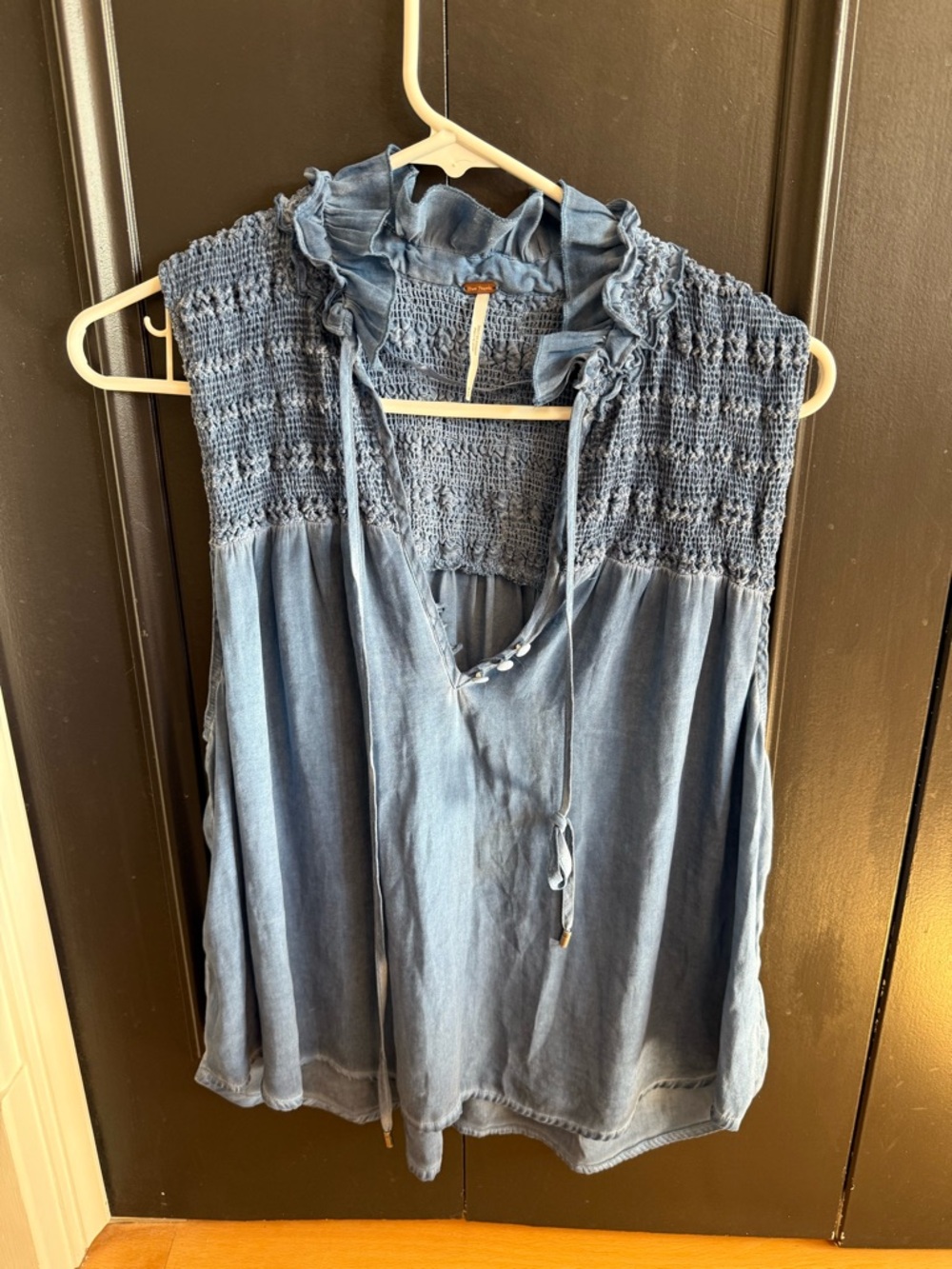 Free People Washed Denim Blue Smocked Ruffle Tie-Front Camisole